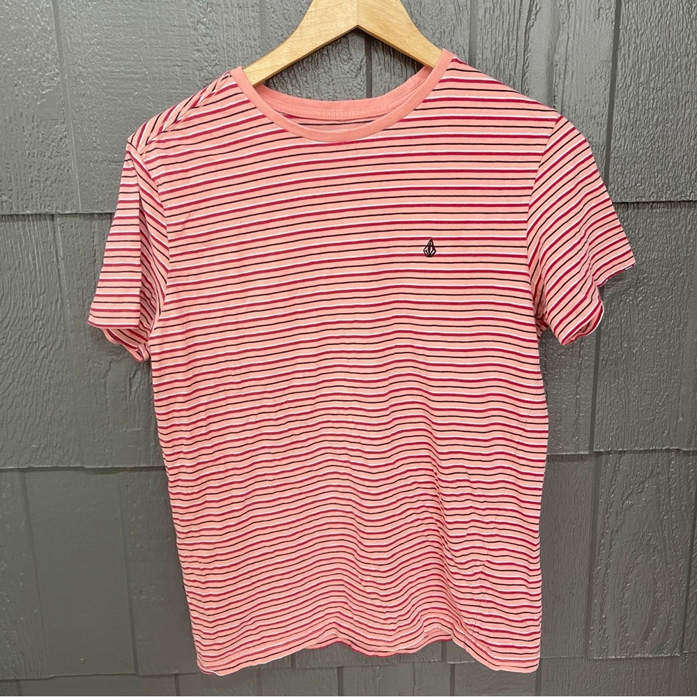 Volcom Women's Pink and Blue Striped Tee